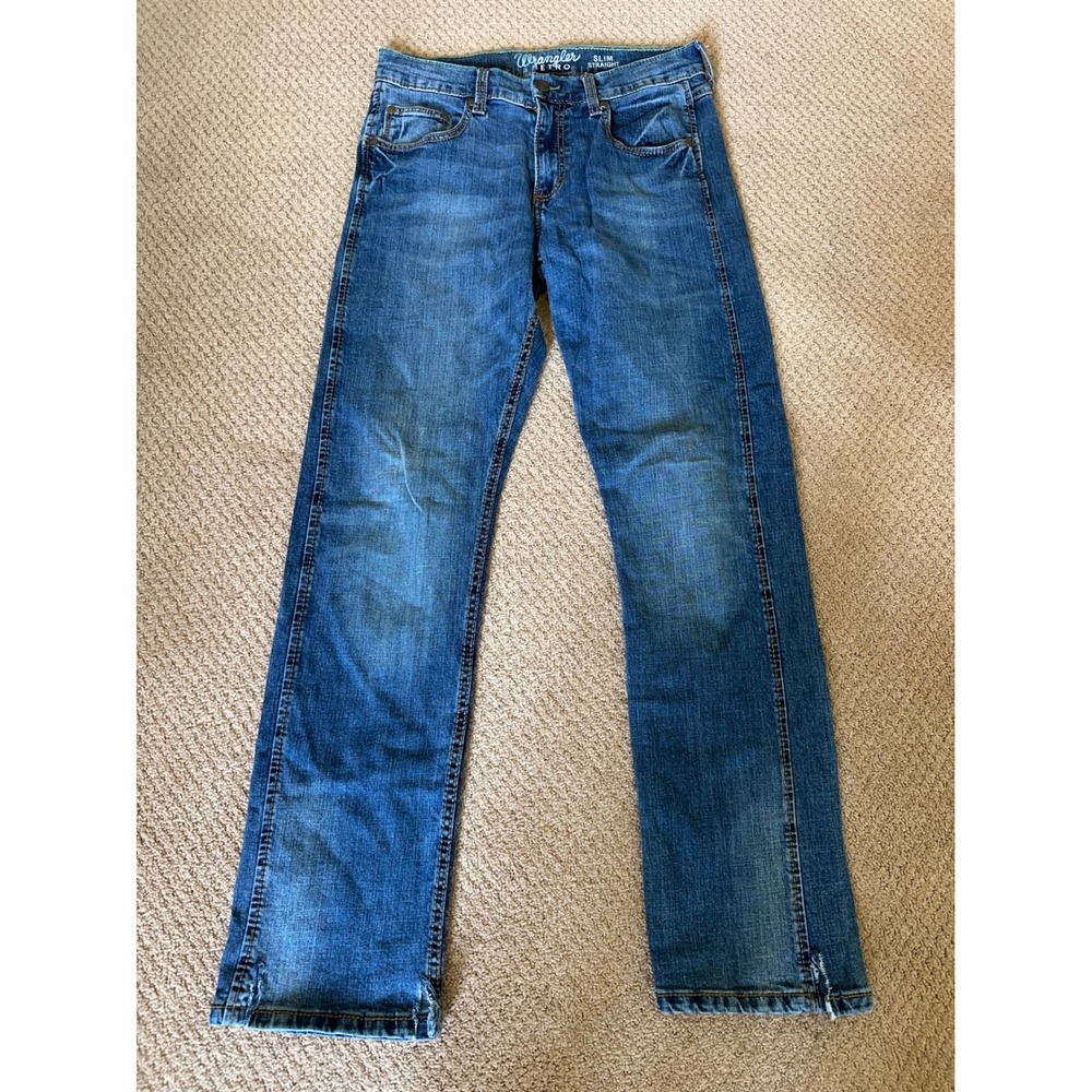 Wrangler Retro Slim Straight Jeans Mens 30x32 Cotton Denim Leather Patch FLAW